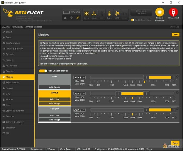 Betaflight Configurator 10.9.0 Modes Arm Angle Horizon Enable Range Setup