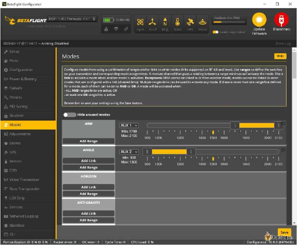 Betaflight Configurator 10.9.0 Modes Arm Angle Switch Aux
