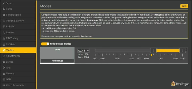 Betaflight Configurator 10.9.0 Modes Arm Enable Range Setup