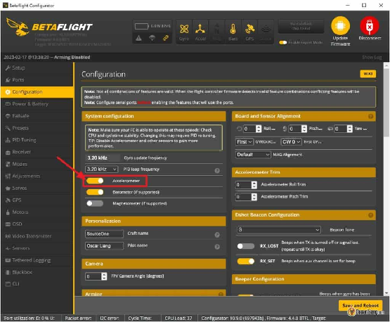 Betaflight Configurator 10.9.0 Configuration Accelerometer Enable
