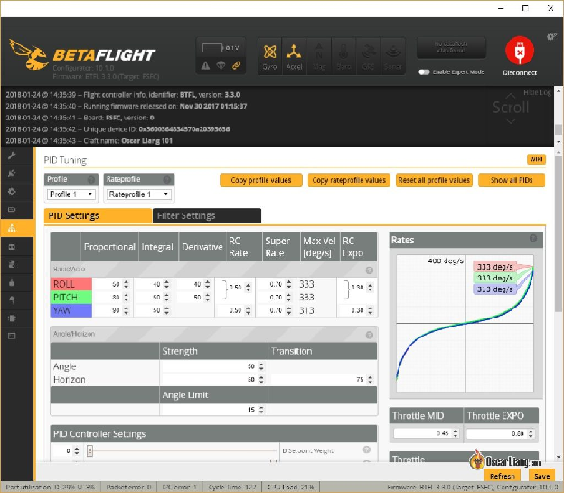 PID tuning tab in Betaflight Configurator