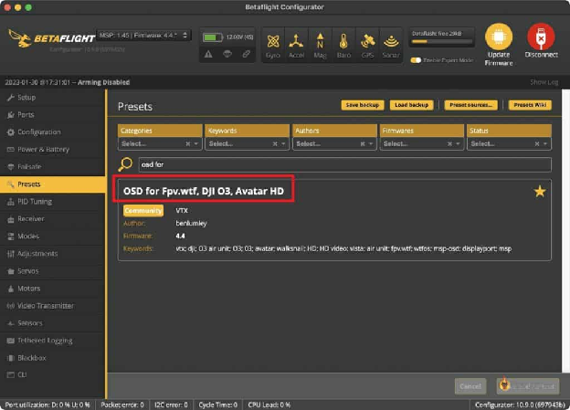 Betaflight 4.4 Configurator Presets Osd For Fpv.wtf, Dji O3, Avatar Hd