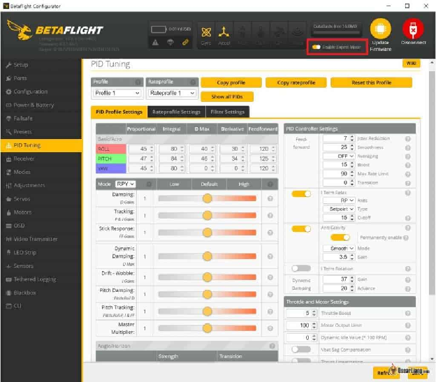 Betaflight 4.3 Configurator 10.8 Expert Mode Enabled Pid Tuning