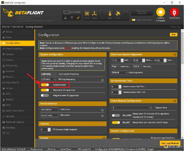 Betaflight Configurator 10.9.0 Configuration Accelerometer Enable